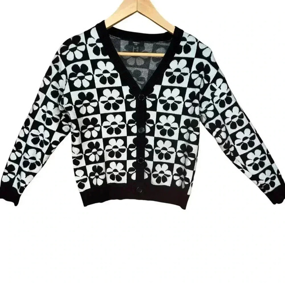 Forever 21‎ Girls Black White Floral Preppy Twee Button-Up Cardigan 11/12 - Picture 1 of 5